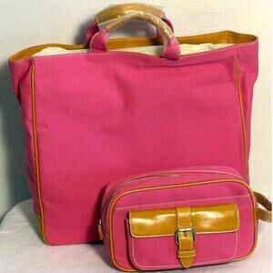 Lambertson Truex Pink Canvas Tote + Cosmetic Case Set Tan Leather Trim New